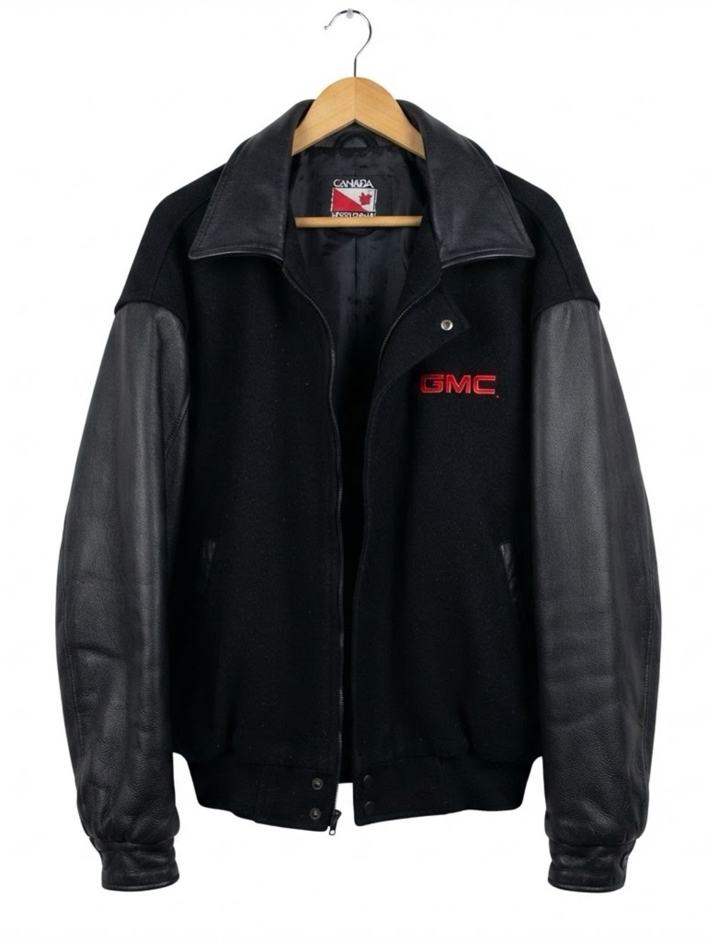 Vintage Leather & Wool GMC Varsity Style Jacket XL Black Made in Canada 🇨🇦